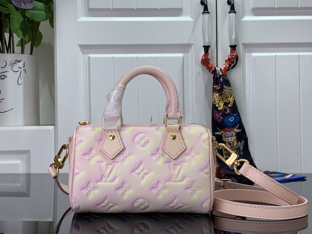 最高級ルイヴィトンスーパーコピー ルイヴィトンバッグコピー モノグラム・アンプラント ナノ・スピーディ ハンドバッグ 2WAY ショルダーバッグ サマースターダスト ミニバッグ ピンク 桃 イエロー 黄 M81508 レザー ゴールド金具