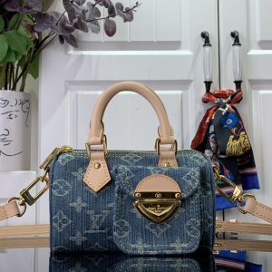 最高級ルイヴィトンスーパーコピー ルイヴィトンバッグコピー 新作 LV リミックス ナノ・スピーディ ブルーデニム M82950 モノグラム・デニム ゴールド金具