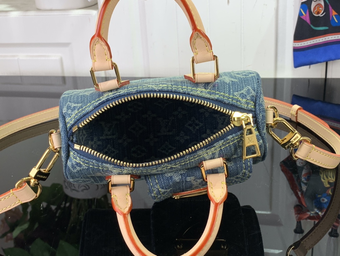 最高級ルイヴィトンスーパーコピー ルイヴィトンバッグコピー 新作 LV リミックス ナノ・スピーディ ブルーデニム M82950 モノグラム・デニム ゴールド金具 - 画像 (3)