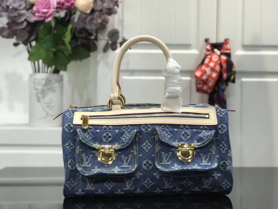 最高級ルイヴィトンスーパーコピー ルイヴィトンバッグコピー 新作 LV リミックス ナノ・スピーディ ブルーデニム M95019 モノグラム・デニム ゴールド金具