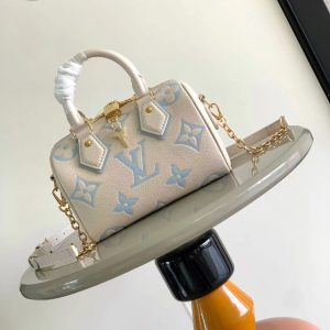 最高級ルイヴィトンスーパーコピー ルイヴィトンバッグコピー スピーディ・バンドリエール 20 ホワイト / キャンディ ブルー M46397 エンボス加工したグレインレザー ゴールド金具