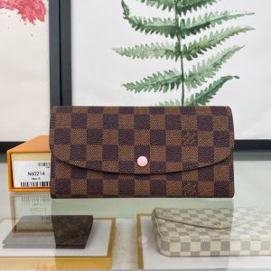 最高級ルイヴィトンスーパーコピー ルイヴィトン財布コピー ポルトフォイユ・エミリー ローズバレリーヌ(ピンク) N60214 ダミエ・エベヌ キャンバス ゴールド金具
