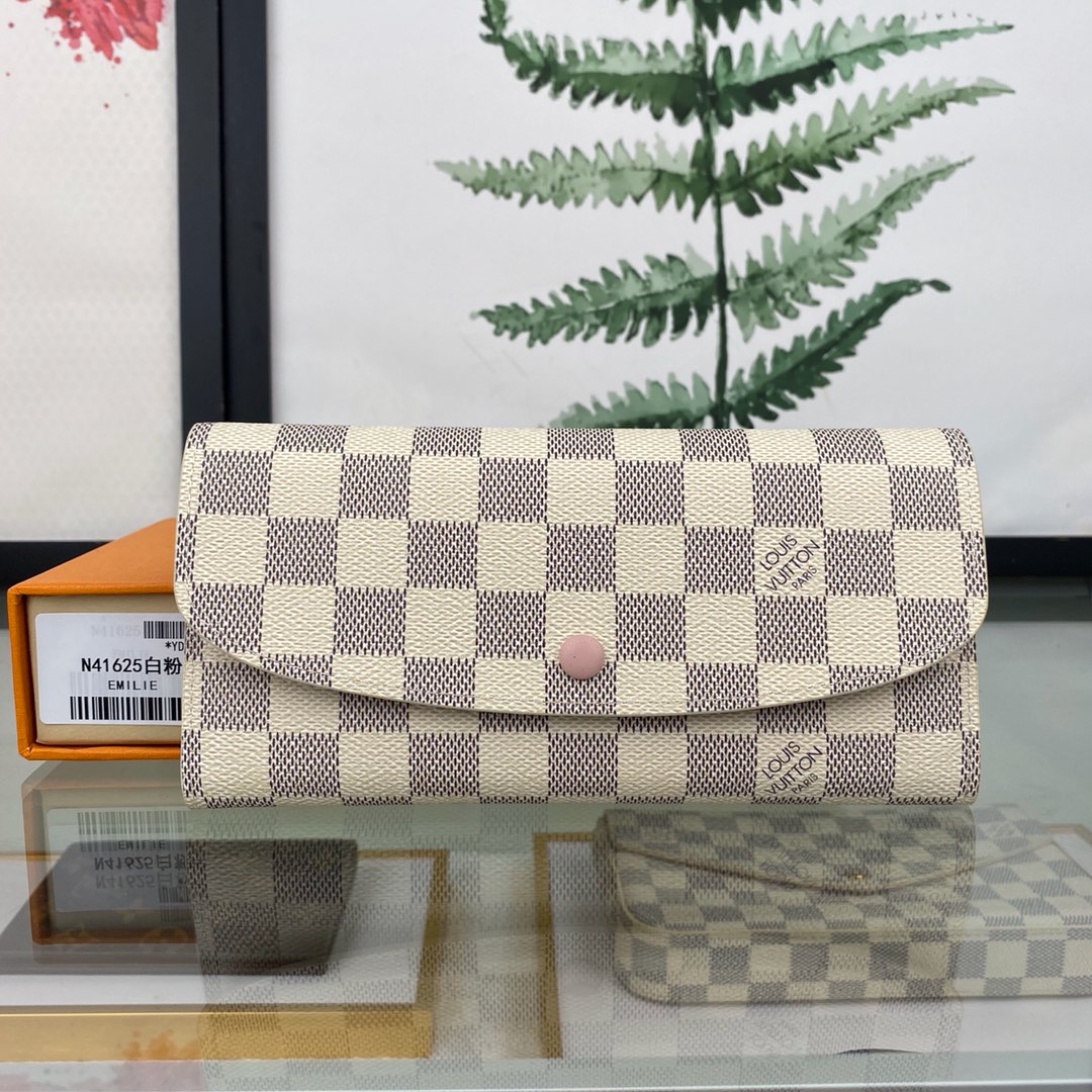最高級ルイヴィトンスーパーコピー ルイヴィトン財布コピー ポルトフォイユ・エミリー ローズバレリーヌ(ピンク) N41625 ダミエ・アズール キャンバス ゴールド金具