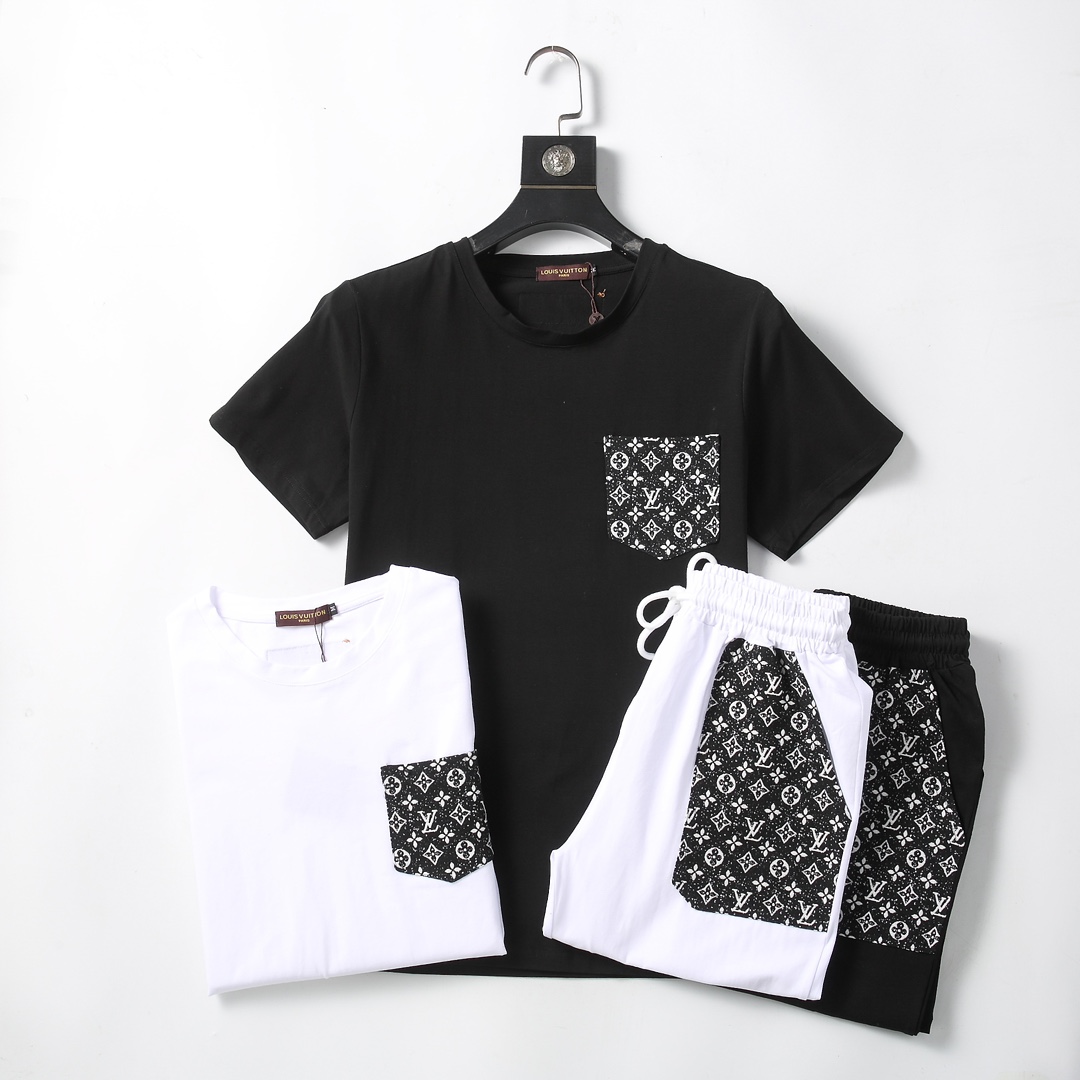 最高級ルイヴィトンスーパーコピー服 ルイヴィトンハーフパンツコピー セットアップ 2点セット ピケコットンTシャツ ハーフパンツ ブラック ホワイト 202405052 コットン 100% - 画像 (2)