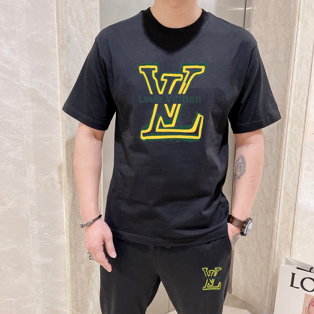 最高級ルイヴィトンスーパーコピー服 ルイヴィトンパンツコピー セットアップ 2点セット モノグラムTシャツ スラックス ブラック ホワイト 202405055 コットン 100% - 画像 (4)