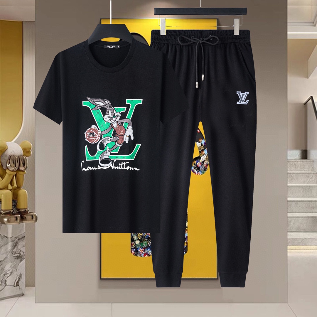 最高級ルイヴィトンスーパーコピー服 ルイヴィトンパンツコピー セットアップ 2点セット モノグラムTシャツ スラックス ブラック ホワイト 202405057 コットン 100% - 画像 (9)