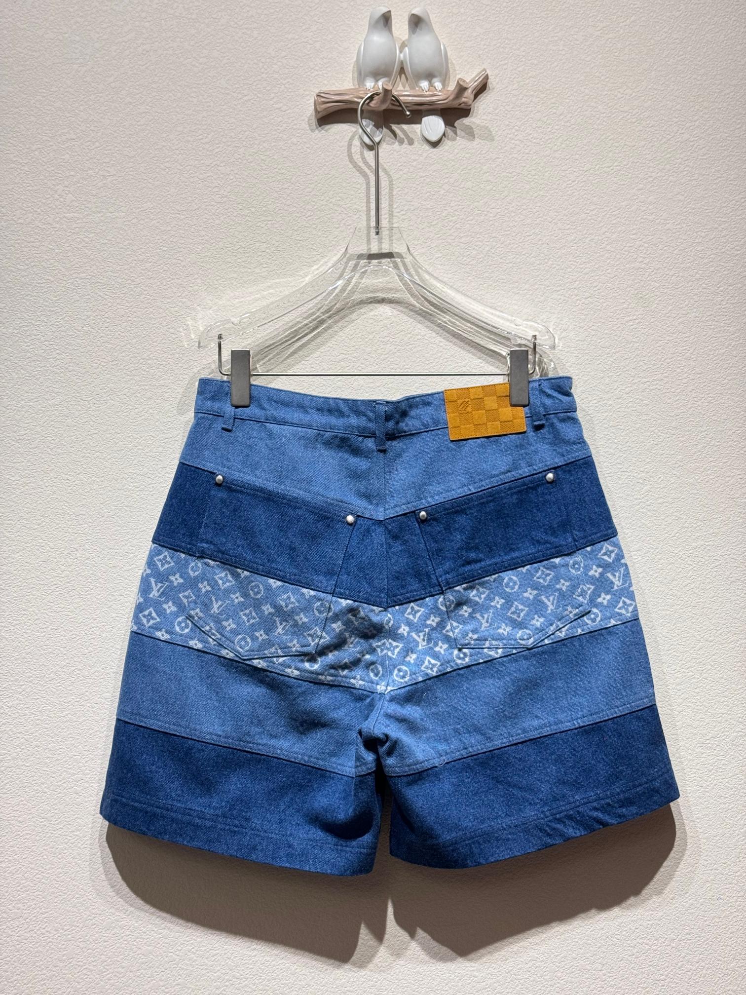 最高級ルイヴィトンスーパーコピー服 ルイヴィトンハーフパンツコピー ストライプパッチワークデニムショーツ 1AFQG1 インディゴ コットン100% - 画像 (6)