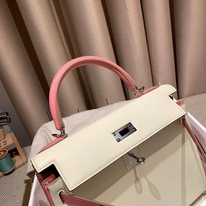 最高級HERMESスーパーコピー エルメスケリー25コピー ハンドバッグ ケリー25 スペシャルオーダー クレ/ローズアザレ エプソン シルバー金具 新品 2024W1416 - 画像 (5)