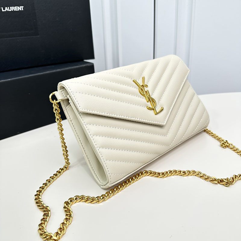 N品 YSL サンローラン 人気バッグ カサンドラ エンベロープ チェーンウォレット オフホワイト 678401FAADY9207 カーフスキンレザー ゴールド金具 激安優良店 - 画像 (9)