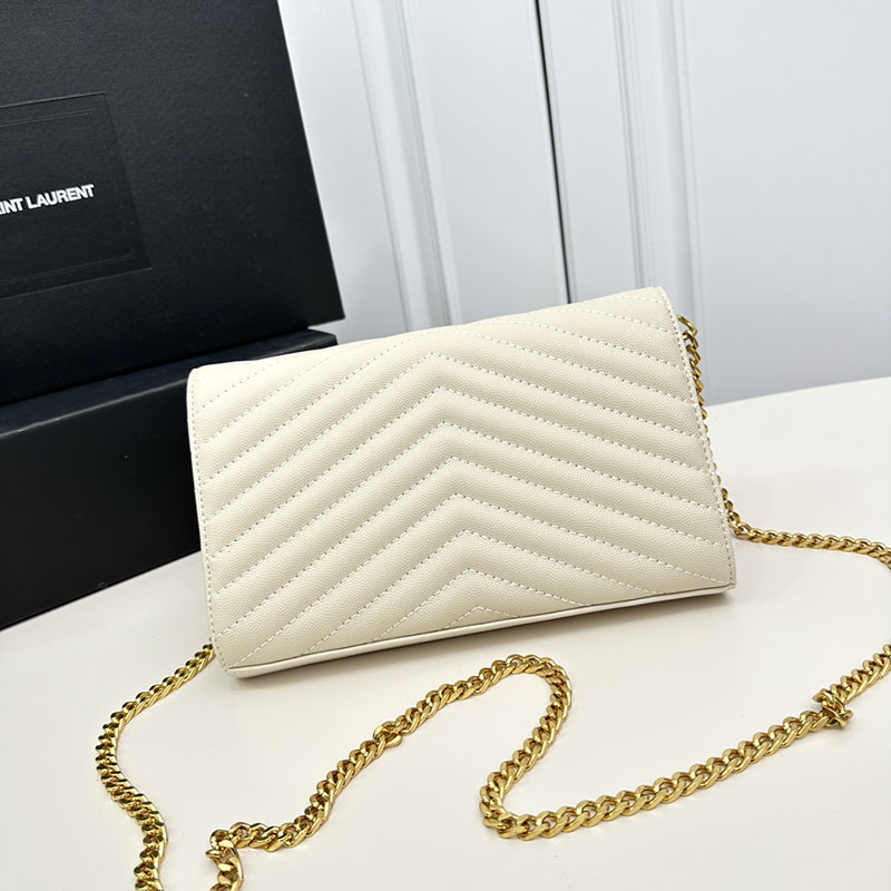 N品 YSL サンローラン 人気バッグ カサンドラ エンベロープ チェーンウォレット オフホワイト 678401FAADY9207 カーフスキンレザー ゴールド金具 激安優良店 - 画像 (8)