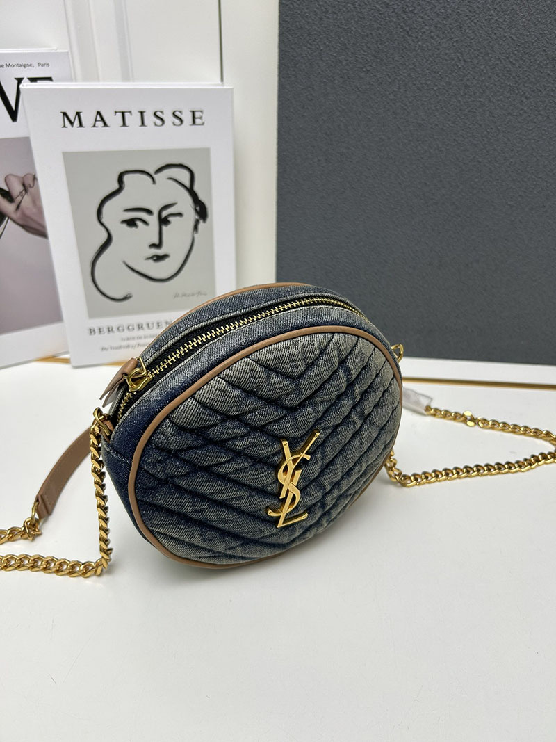 N品 YSL サンローラン ミニバッグ パリ SAINT LAURENT PARIS ヴィニル チェーン ブルー デニム デニム ゴールド金具 2410212 - 画像 (6)