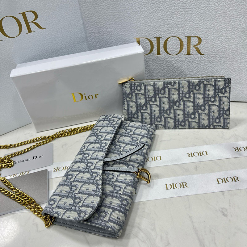 N品 DIOR ディオール Saddle チェーン付きロングウォレット S5614CTZQ_M932 グレー ディオール オブリーク ジャカード ゴールド金具 激安優良店 - 画像 (9)