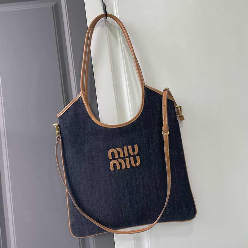 N品 MiuMiu ミュウミュウ IVY コーデュロイ ショッピングバッグ 5BG231_2F81_F0S30_V_MLN ブルー/ブラウン ゴールド金具 激安優良店 - 画像 (9)