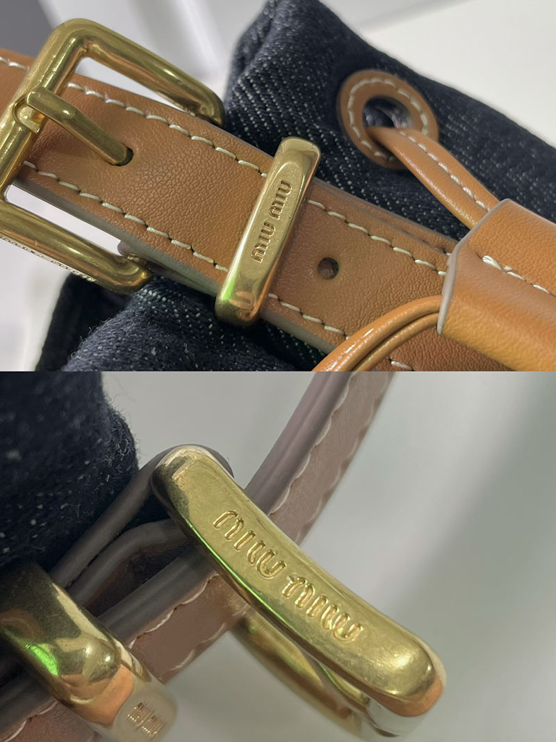 N品 MiuMiu ミュウミュウ デニムxレザー バケットバッグ 5BE090_2CRR_F0S30_V_OLO ブルー/ブラウン ゴールド金具 激安優良店 - 画像 (5)