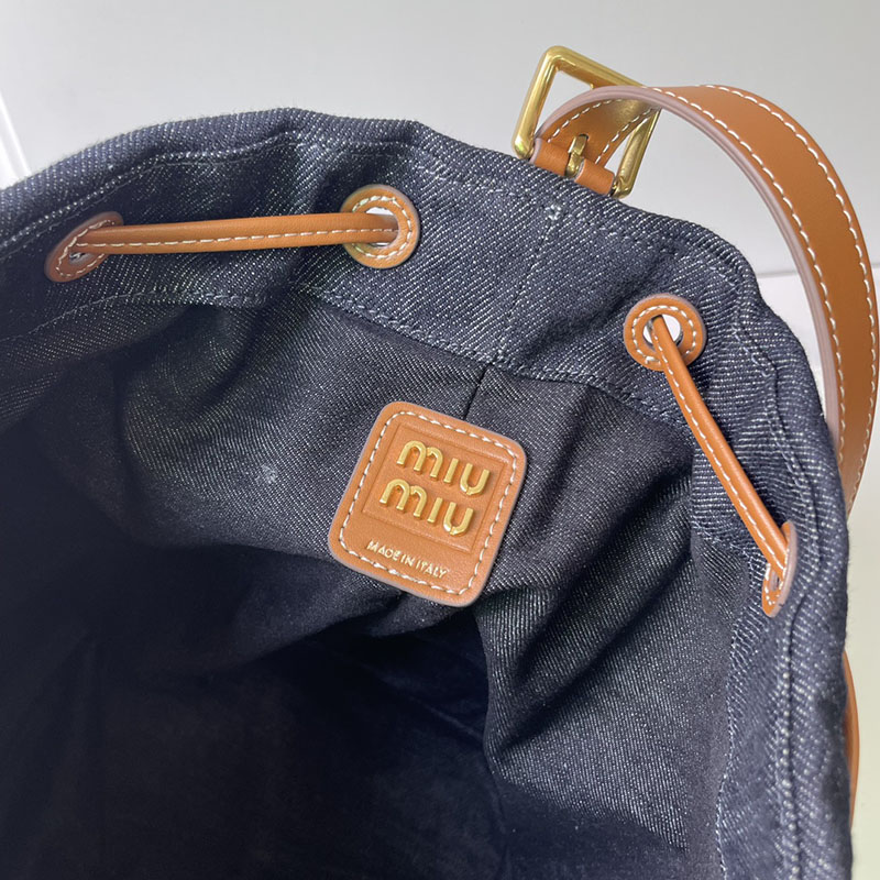 N品 MiuMiu ミュウミュウ デニムxレザー バケットバッグ 5BE089_2CRR_F0S30_V_OLO ブルー/ブラウン ゴールド金具 激安優良店 - 画像 (2)