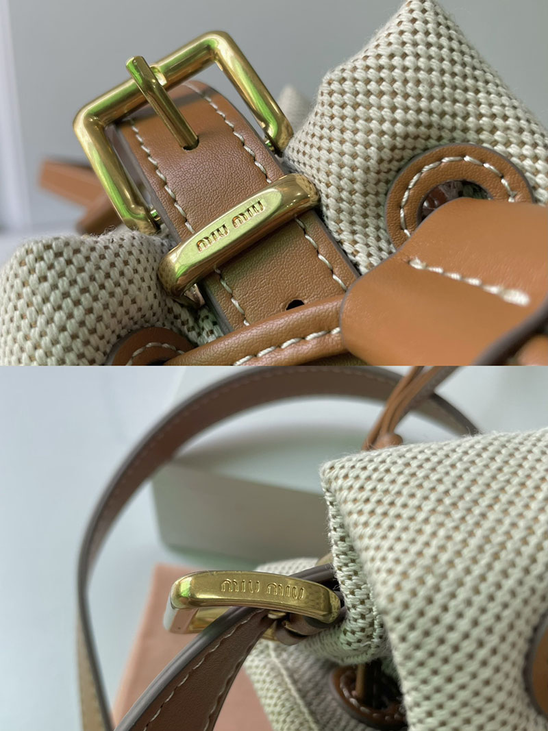 N品 MiuMiu ミュウミュウ デニムxレザー バケットバッグ 5BE090_2CRR_F0354_V_OLO ベージュ/ブラウン ゴールド金具 激安優良店 - 画像 (4)