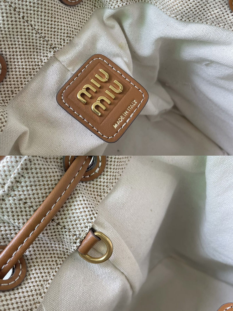 N品 MiuMiu ミュウミュウ デニムxレザー バケットバッグ 5BE090_2CRR_F0354_V_OLO ベージュ/ブラウン ゴールド金具 激安優良店 - 画像 (2)