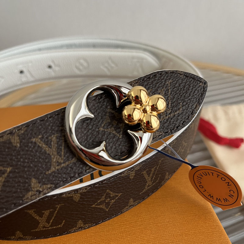 ルイヴィトン ベルト・フラワーグラム 30MM リバーシブル ブラウン ホワイト モノグラム・キャンバス シルバー金具 ヴィトン ベルト 安い レディース 2410649 - 画像 (3)