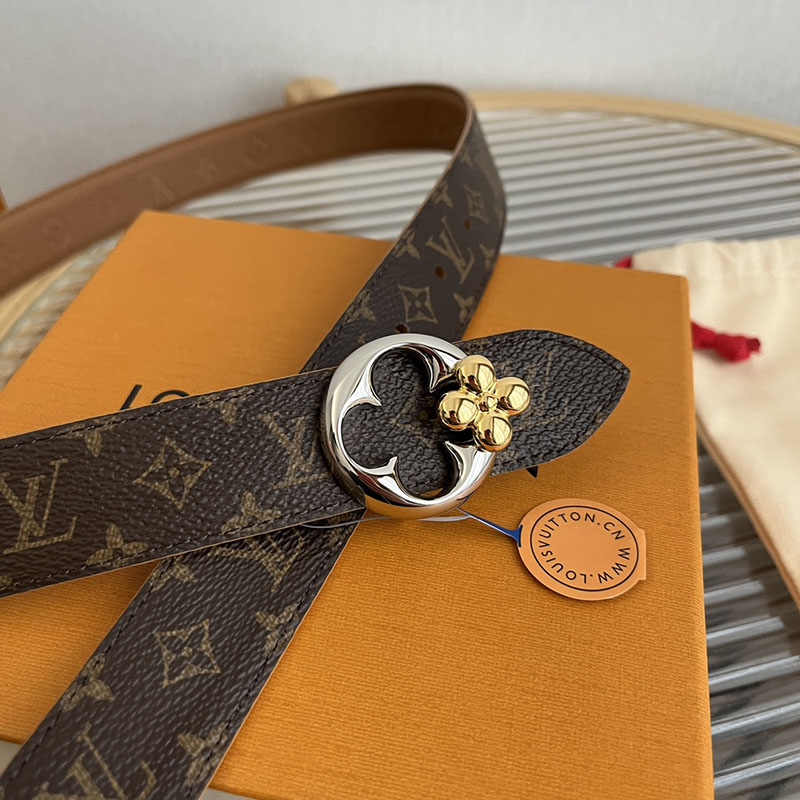 ルイヴィトン ベルト・フラワーグラム 30MM リバーシブル ブラウン コニャック モノグラム・キャンバス シルバー金具 ヴィトン ベルト 安い レディース 2410650 - 画像 (3)