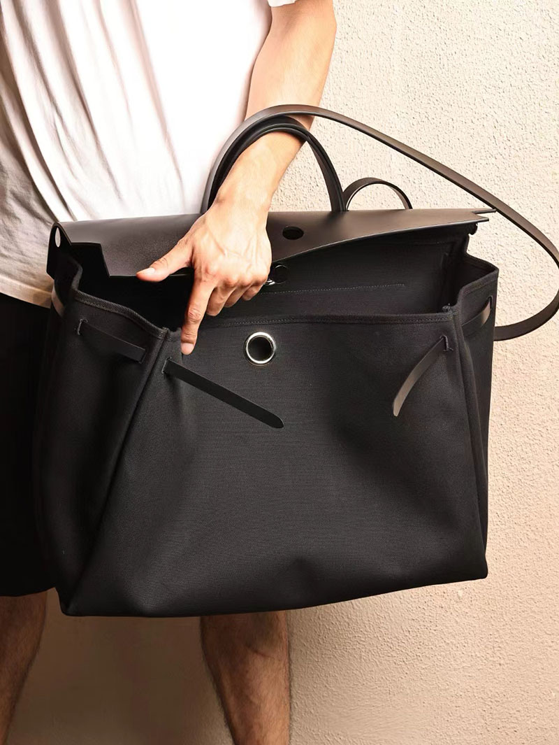 エルメス エールバッグ50 メンズ HERMES エールバッグジップGM 黒 ブラック ヴァッシュハンター/トワルアッシュ シルバー金具 2412793 - 画像 (9)