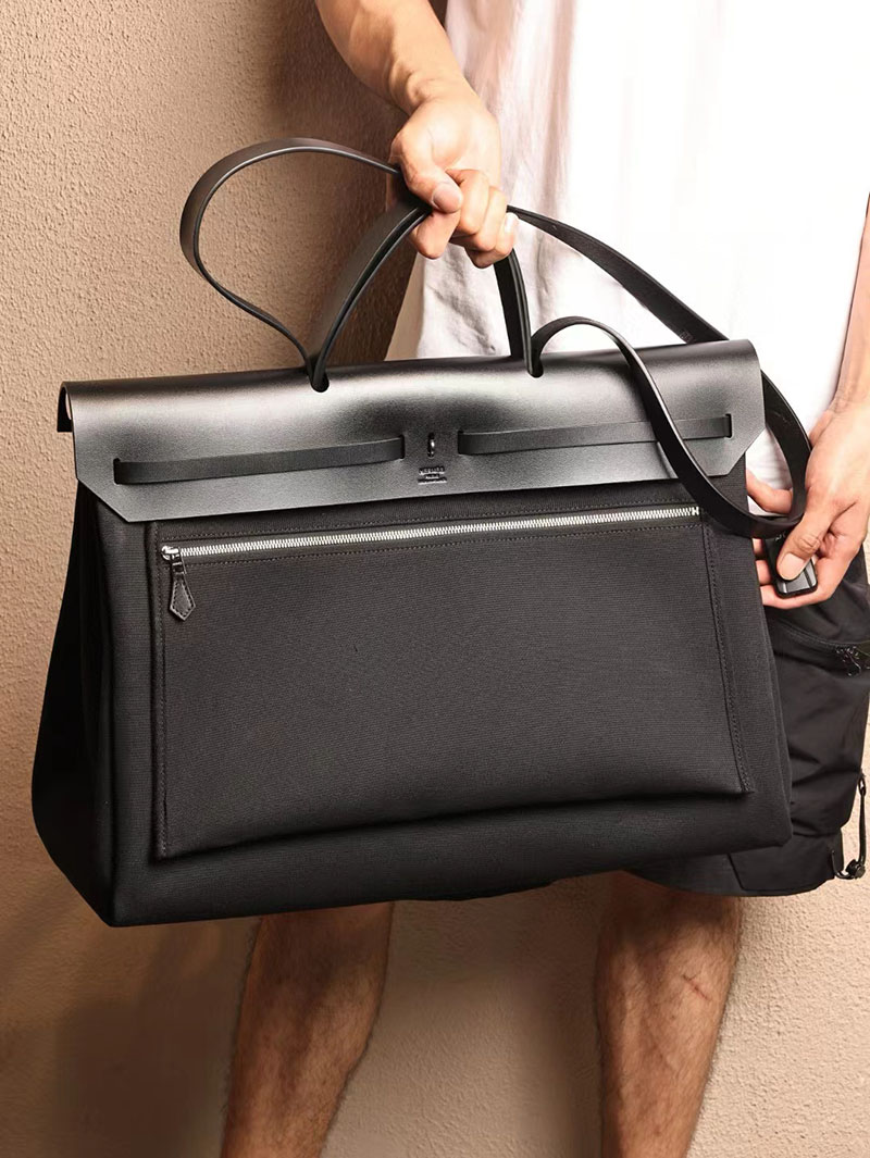 エルメス エールバッグ50 メンズ HERMES エールバッグジップGM 黒 ブラック ヴァッシュハンター/トワルアッシュ シルバー金具 2412793 - 画像 (7)