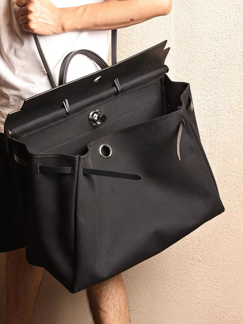 エルメス エールバッグ50 メンズ HERMES エールバッグジップGM 黒 ブラック ヴァッシュハンター/トワルアッシュ シルバー金具 2412793 - 画像 (2)