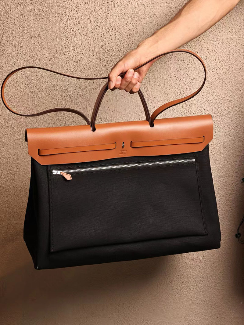 エルメス エールバッグ50 メンズ HERMES エールバッグジップGM ゴールド ヴァッシュハンター/トワルアッシュ シルバー金具 2412794 - 画像 (7)