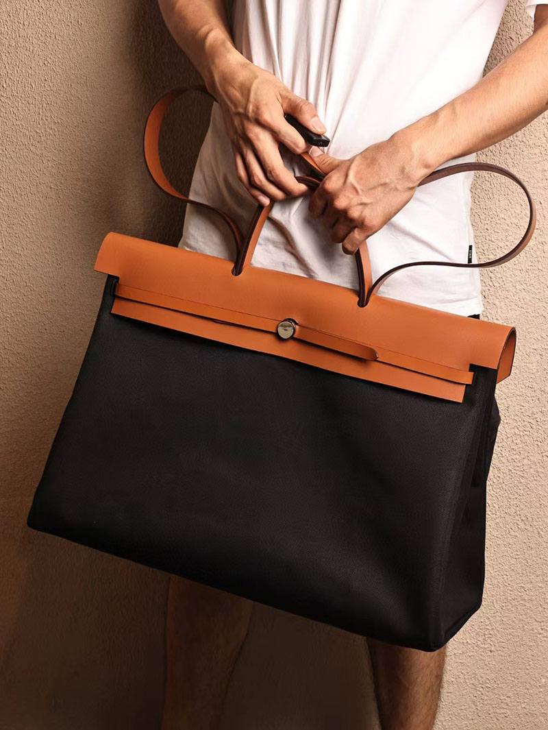 エルメス エールバッグ50 メンズ HERMES エールバッグジップGM ゴールド ヴァッシュハンター/トワルアッシュ シルバー金具 2412794 - 画像 (5)