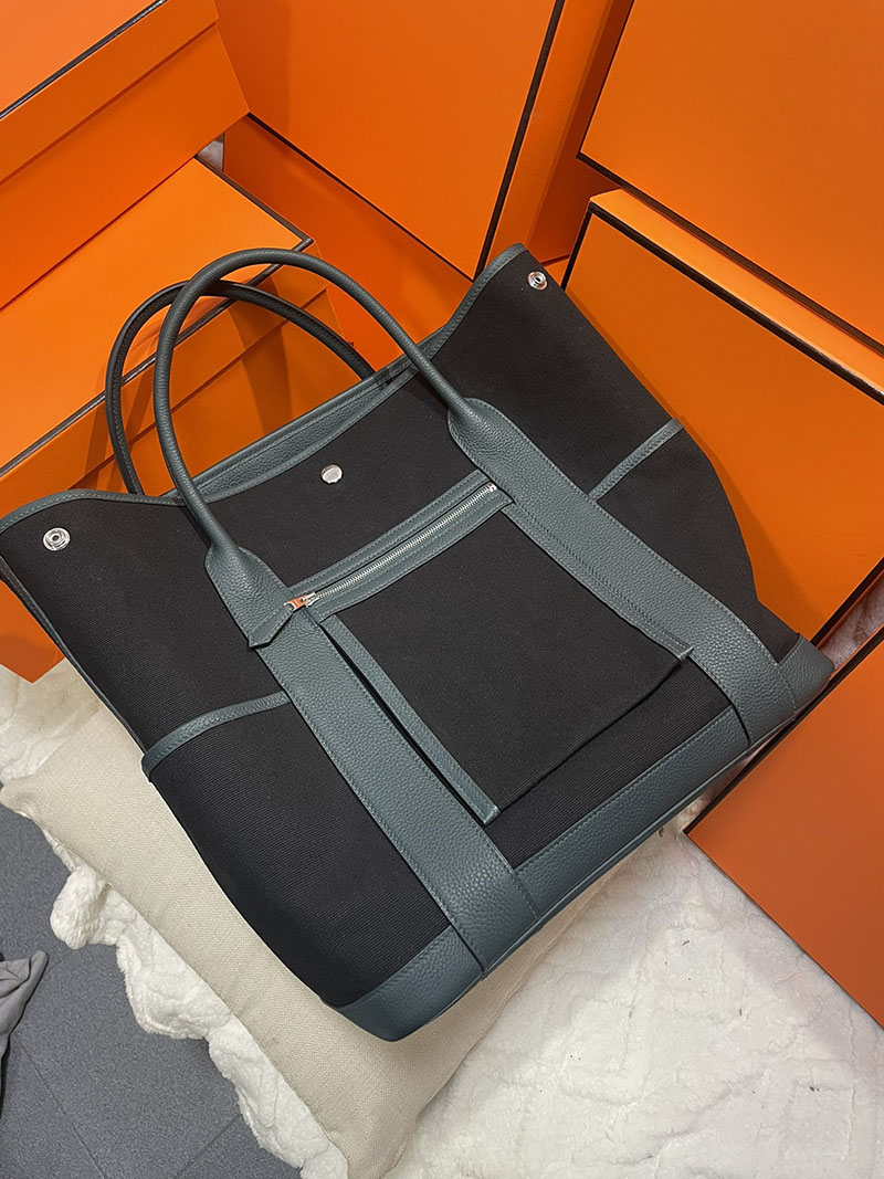 HERMES エルメス ガーデンパーティ ポケット 定価 バーティカル ブラック+ヴェール シプレ トワルミリタリー/ネゴンダ シルバー金具 2513539 - 画像 (9)