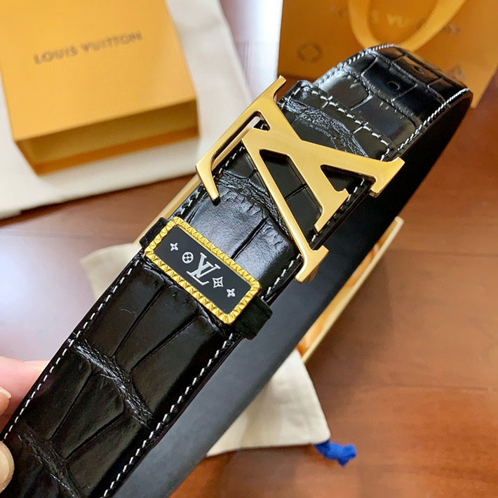 最高級ルイヴィトンスーパーコピー ルイヴィトンベルトコピー ワニ革 ベルト メンズ 2515708 ブラック レザー ゴールド金具 - 画像 (3)