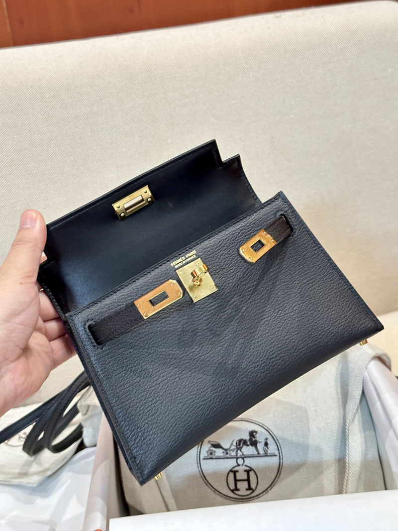 エルメス ケリーミニ 20 外縫い 黒 ブラック シェブルミゾル ゴールド金具 2412864 手提げバッグ 小さめおしゃれ - 画像 (7)
