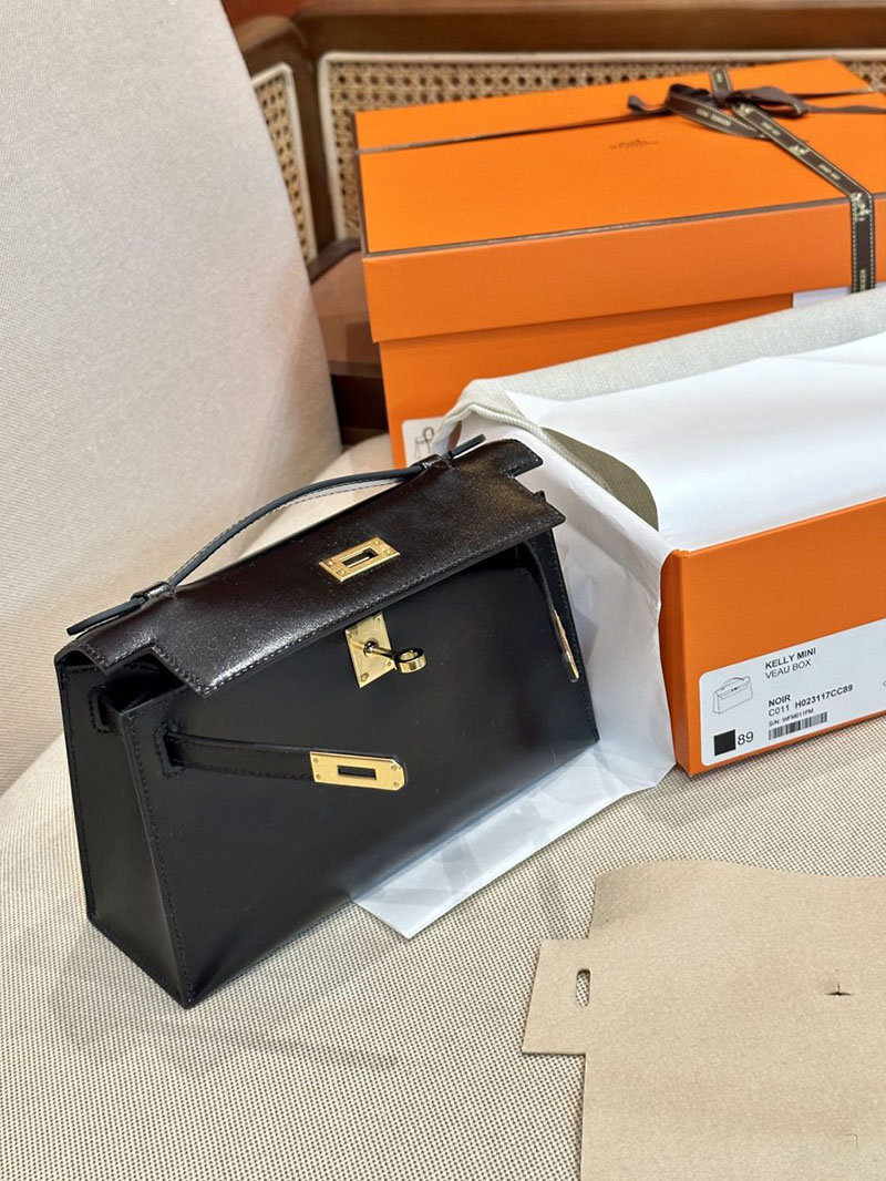 エルメス HERMES ポシェットケリー 黒 ブラック ボックスカーフ ゴールド金具 2412877 ポシェットケリー ストラップ - 画像 (10)