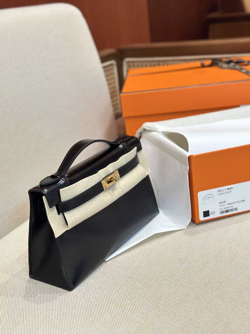 エルメス HERMES ポシェットケリー 黒 ブラック ボックスカーフ ゴールド金具 2412877 ポシェットケリー ストラップ - 画像 (6)