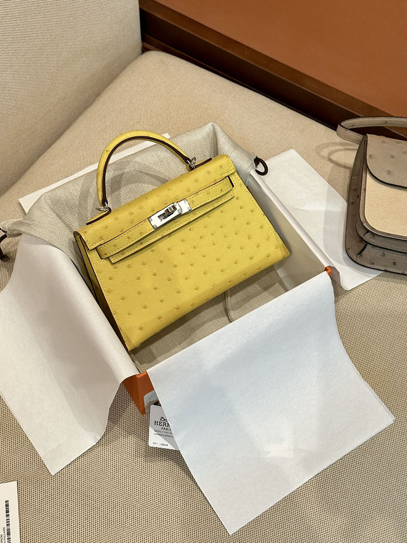 エルメス HERMES ケリーミニ 20 外縫い ライム オーストリッチ シルバー金具 2412919 ミニバッグ ショルダー 軽い - 画像 (3)