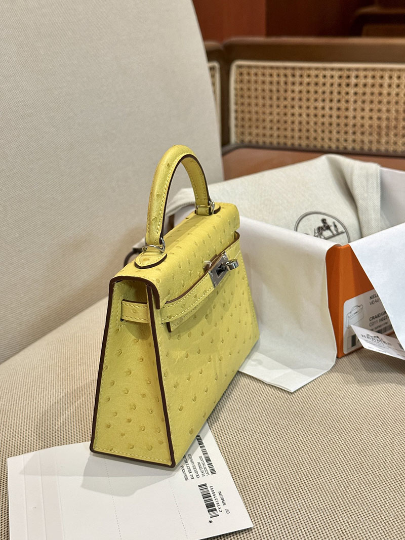 エルメス HERMES ケリーミニ 20 外縫い ライム オーストリッチ シルバー金具 2412919 ミニバッグ ショルダー 軽い - 画像 (10)