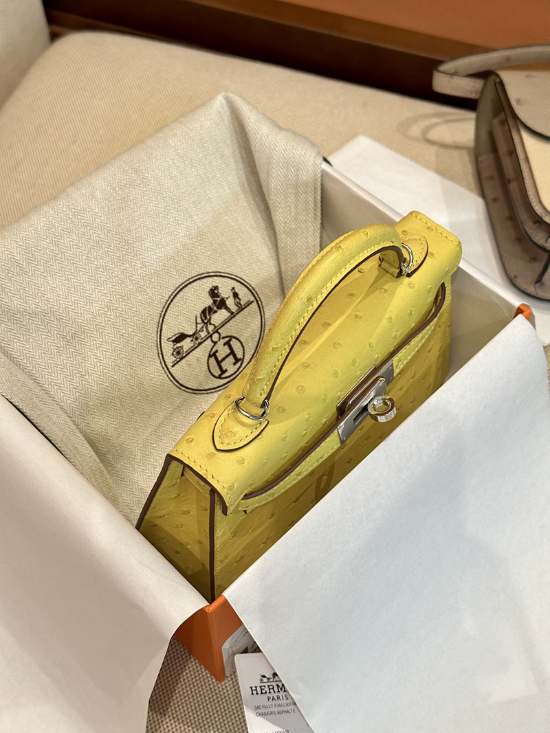 エルメス HERMES ケリーミニ 20 外縫い ライム オーストリッチ シルバー金具 2412919 ミニバッグ ショルダー 軽い - 画像 (9)