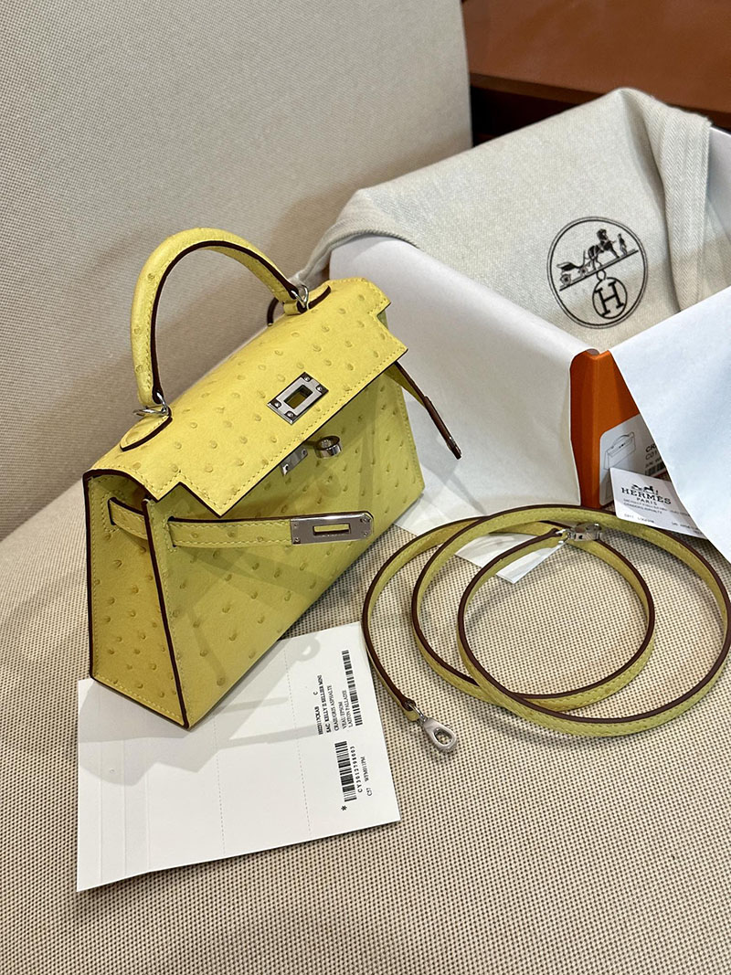 エルメス HERMES ケリーミニ 20 外縫い ライム オーストリッチ シルバー金具 2412919 ミニバッグ ショルダー 軽い - 画像 (8)