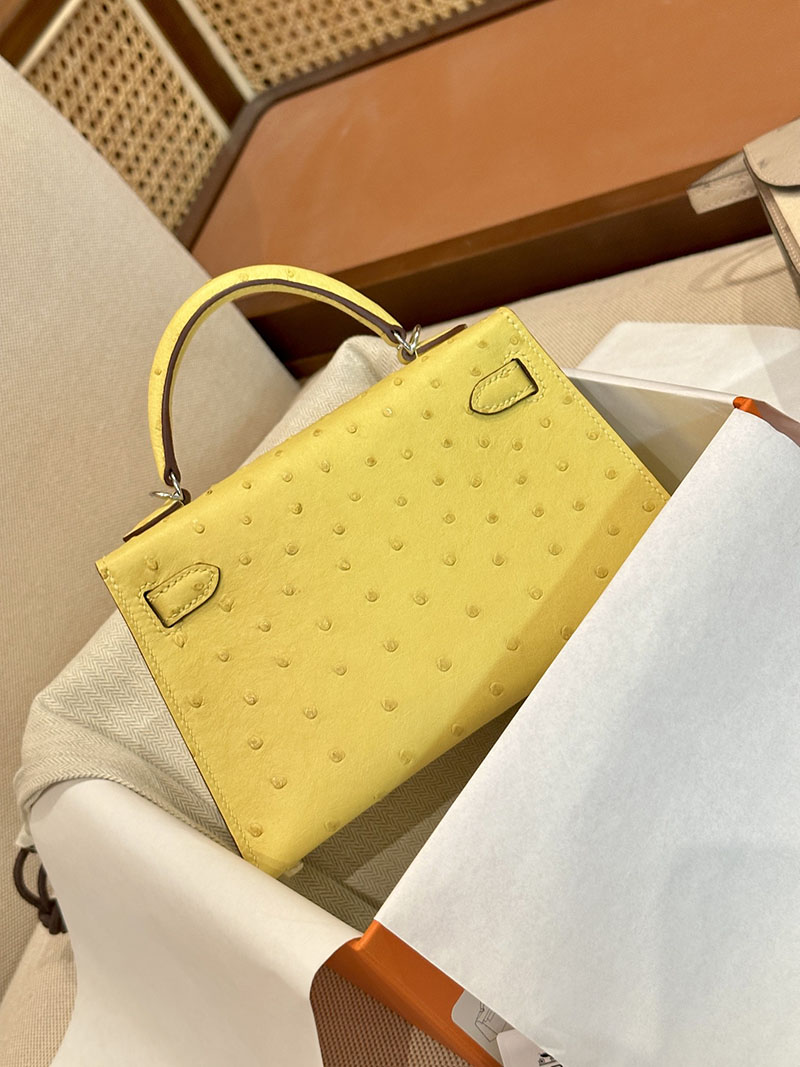 エルメス HERMES ケリーミニ 20 外縫い ライム オーストリッチ シルバー金具 2412919 ミニバッグ ショルダー 軽い - 画像 (7)