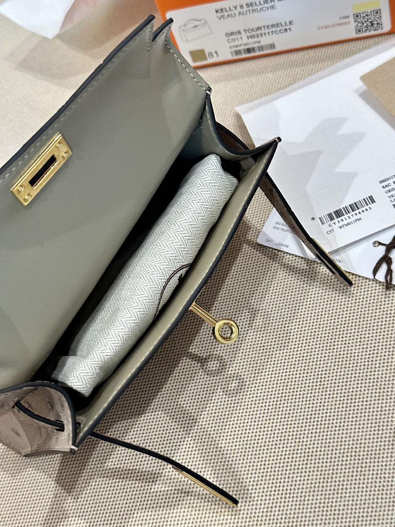 エルメス HERMES ケリーミニ 20 外縫い トゥルティールグレー オーストリッチ ゴールド金具 2412921 ミニバッグ ブランド お手頃 - 画像 (11)