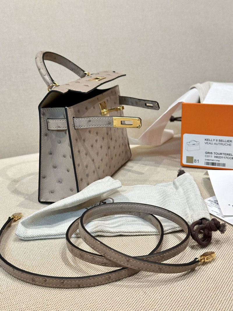 エルメス HERMES ケリーミニ 20 外縫い トゥルティールグレー オーストリッチ ゴールド金具 2412921 ミニバッグ ブランド お手頃 - 画像 (8)