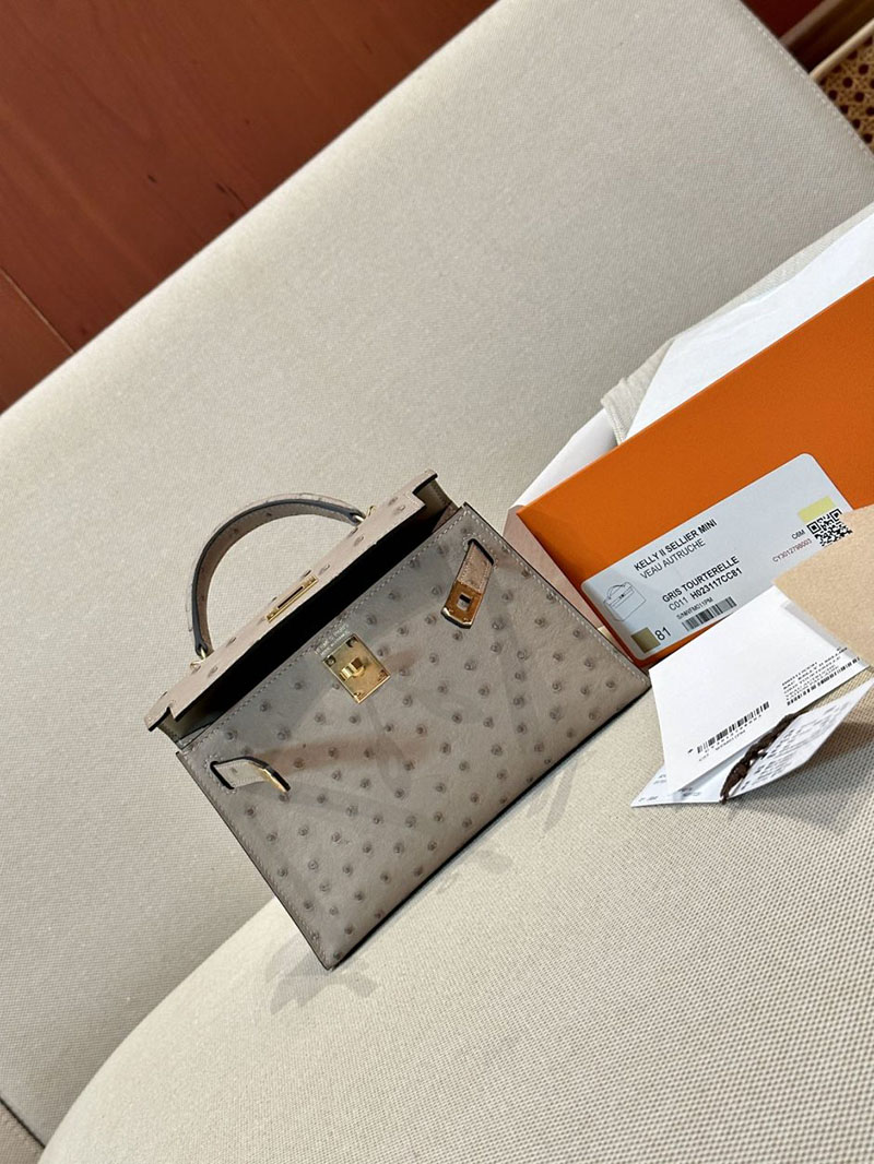 エルメス HERMES ケリーミニ 20 外縫い トゥルティールグレー オーストリッチ ゴールド金具 2412921 ミニバッグ ブランド お手頃 - 画像 (4)