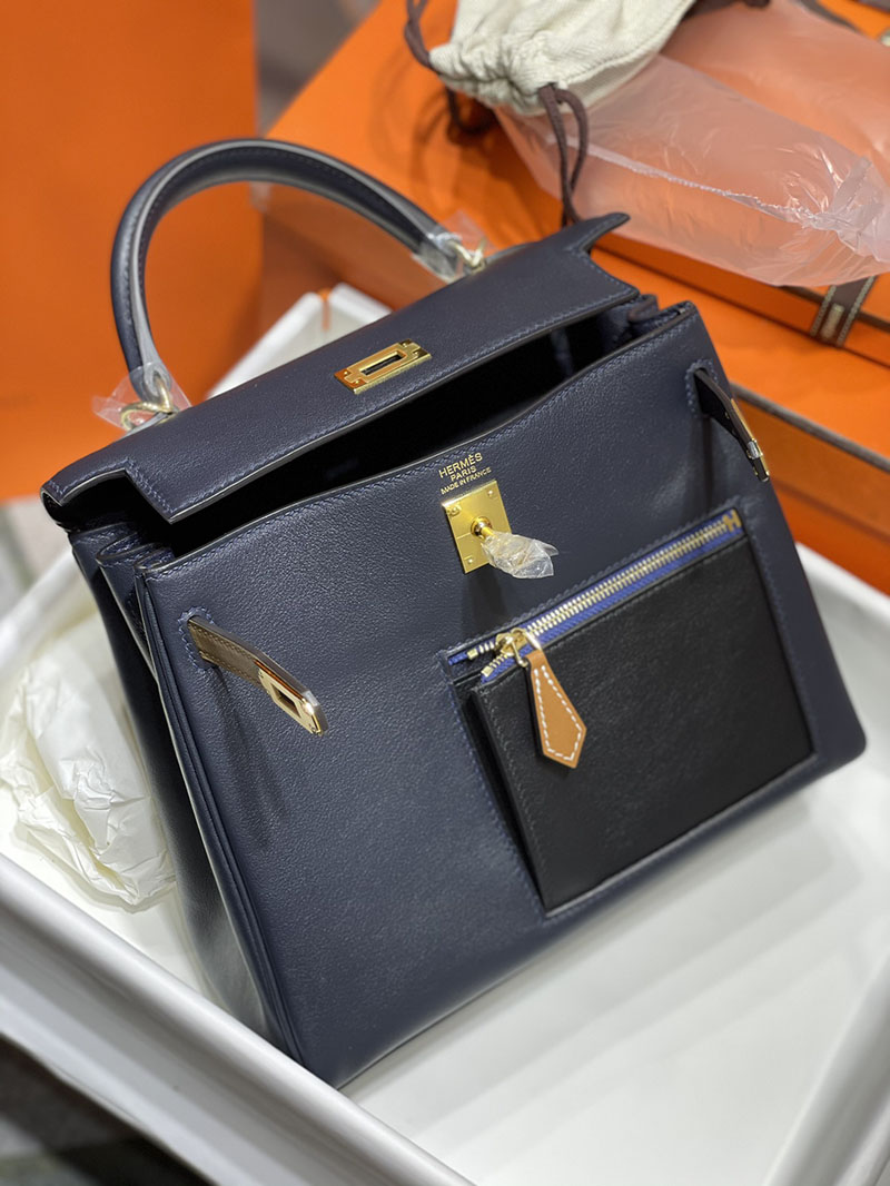 人気色 H品 エルメス ケリー25 カラーマティック クロ×チャイ×ブルー スイフト ゴールド金具 2517805 ケリー カラーマティック 定価 - 画像 (2)