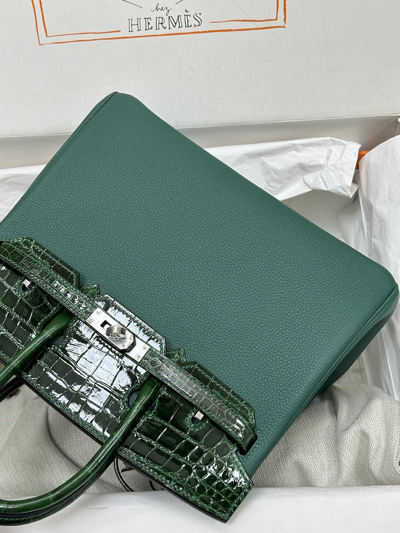 人気色 H品 エルメス バーキン25 タッチ ヴェールフォンセ トゴ/クロコダイル ニロティカスマット シルバー金具 2517816 バーキンタッチ25 - 画像 (6)