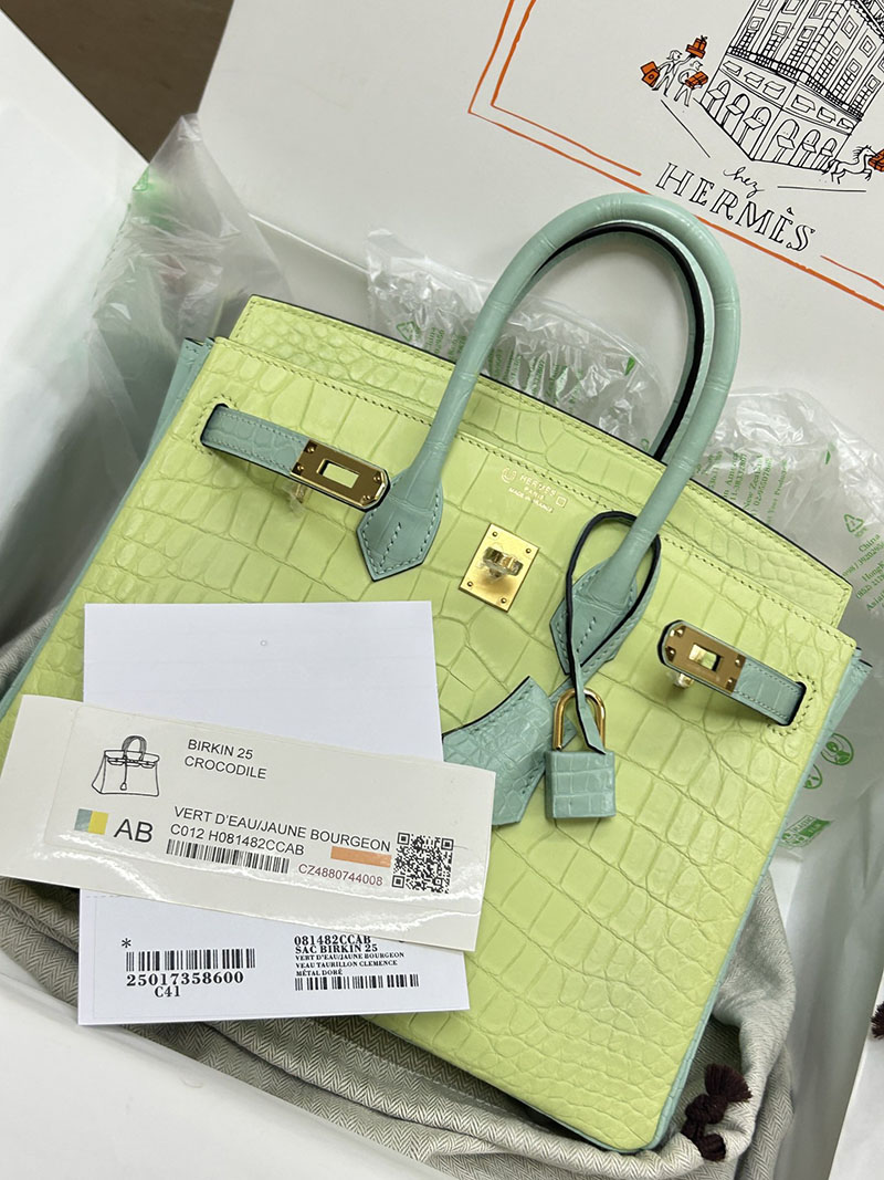 人気色 H品 エルメス バーキン25 パーソナル ミント/ジョーヌブルジョン クロコダイル アリゲーターマット ゴールド金具 2517847 バーキン クロコダイル 定価 - 画像 (2)