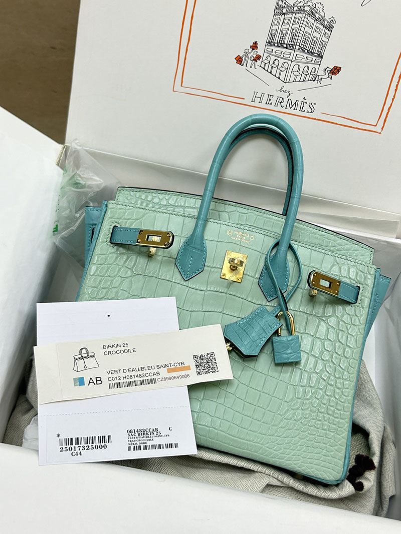 人気色 H品 エルメス バーキン25 パーソナル ブルーサンシール/ミント クロコダイル アリゲーターマット ゴールド金具 2517848 バーキン クロコダイル 定価 - 画像 (2)