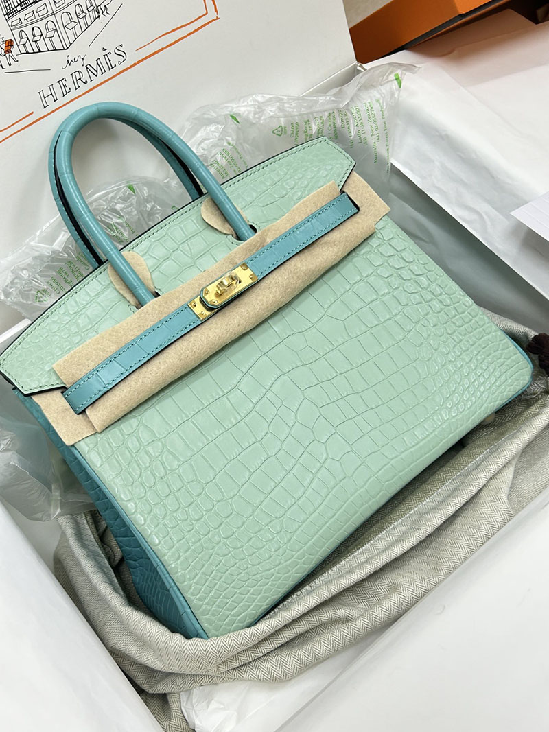 人気色 H品 エルメス バーキン25 パーソナル ブルーサンシール/ミント クロコダイル アリゲーターマット ゴールド金具 2517848 バーキン クロコダイル 定価 - 画像 (10)