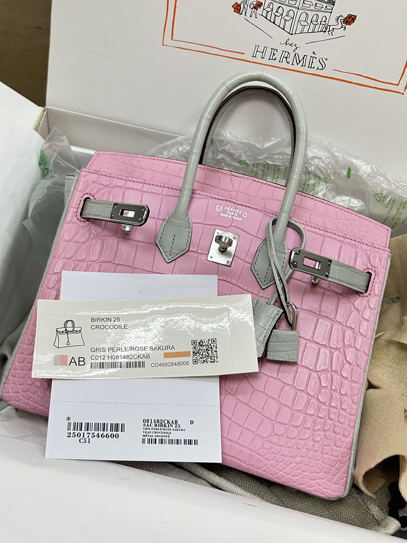 人気色 H品 エルメス バーキン25 パーソナル ピンク/パールグレー クロコダイル アリゲーターマット シルバー金具 2517849 バーキン クロコダイル 定価 - 画像 (2)