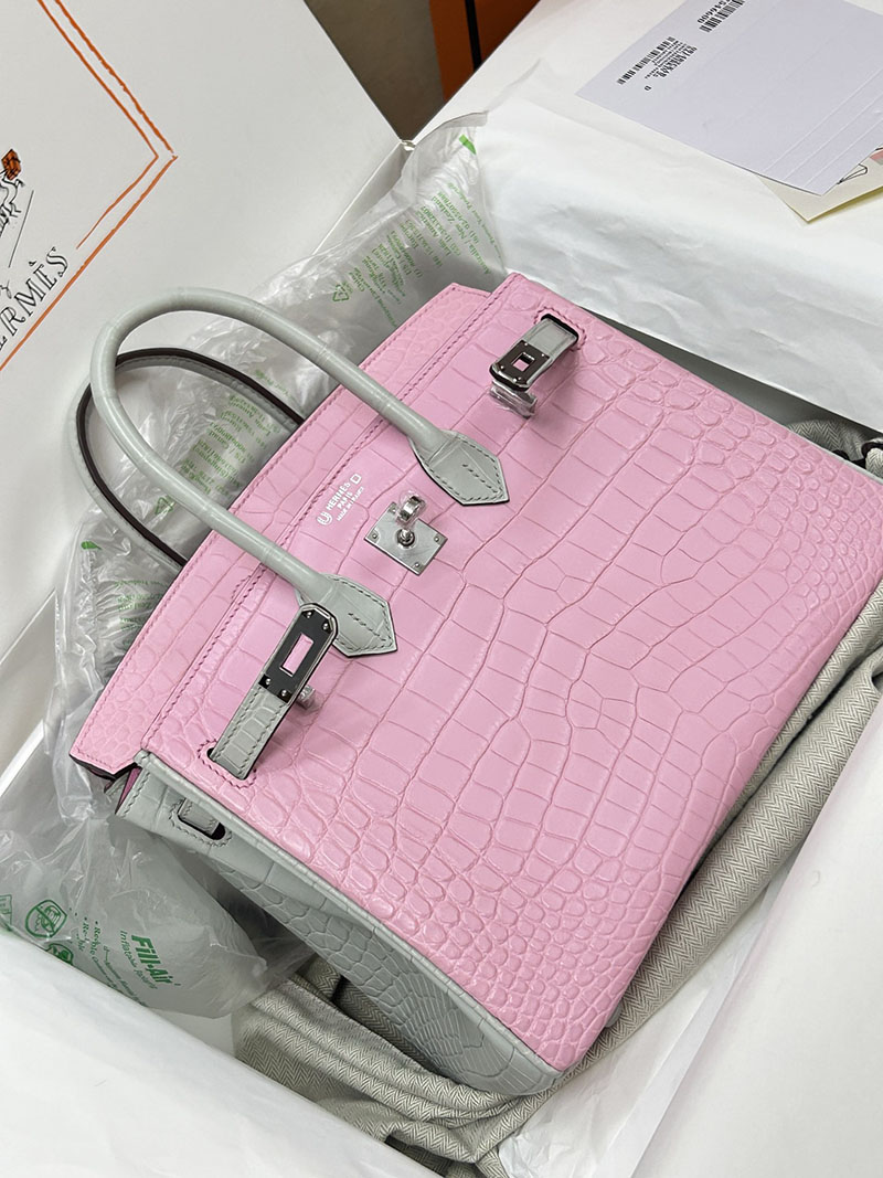 人気色 H品 エルメス バーキン25 パーソナル ピンク/パールグレー クロコダイル アリゲーターマット シルバー金具 2517849 バーキン クロコダイル 定価 - 画像 (4)