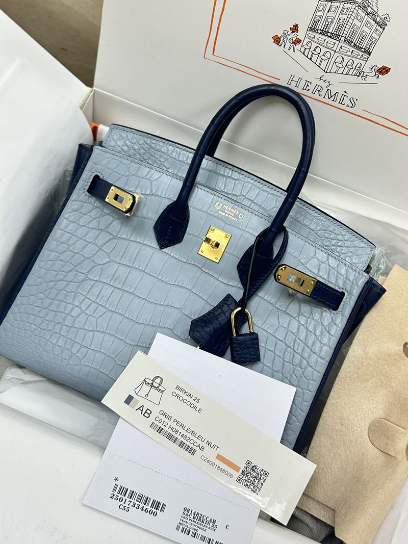 人気色 H品 エルメス バーキン25 パーソナル ブルードマルト/セレスト クロコダイル アリゲーターマット ゴールド金具 2517851 バーキン クロコダイル 定価 - 画像 (2)