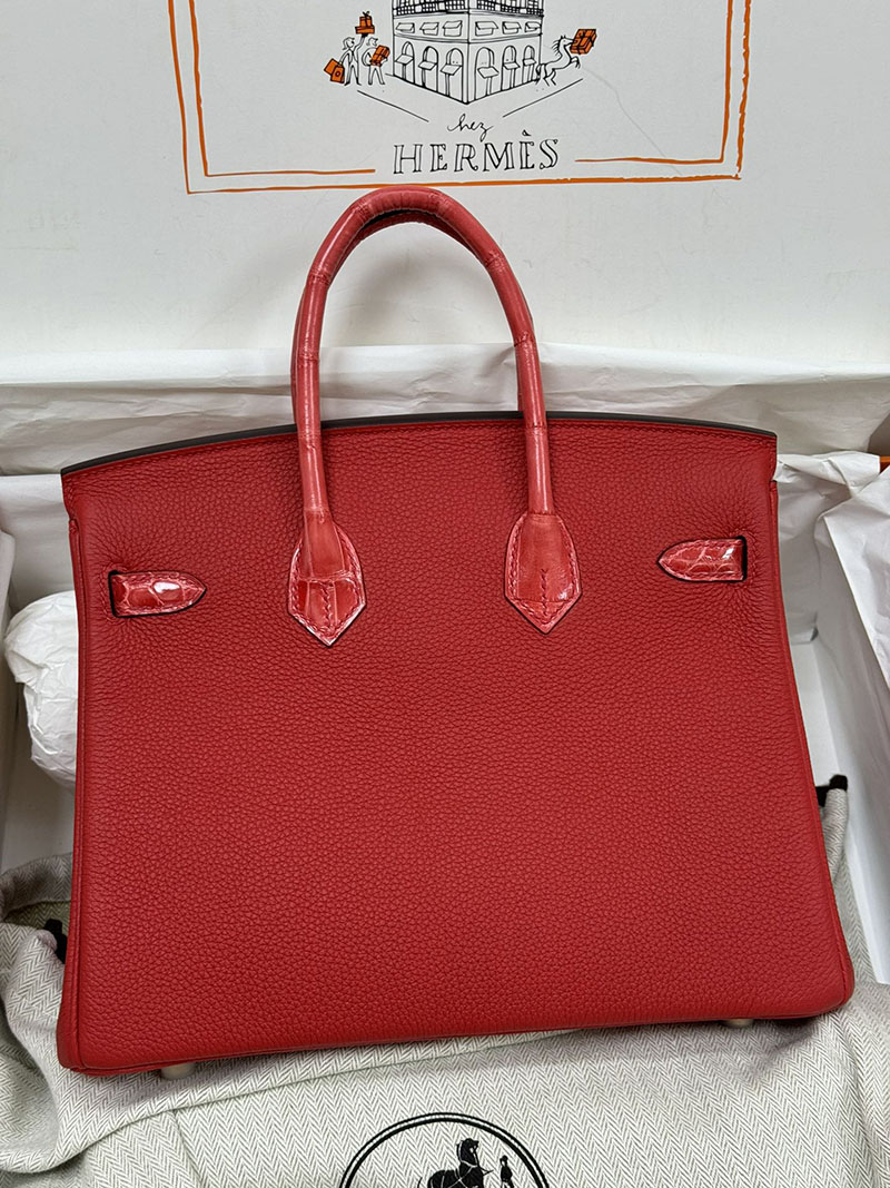 人気色 H品 エルメス バーキン25 タッチ ルージュカザック トゴ/クロコダイル ニロティカスマット ゴールド金具 2517864 エルメスバーキン風バッグ - 画像 (9)
